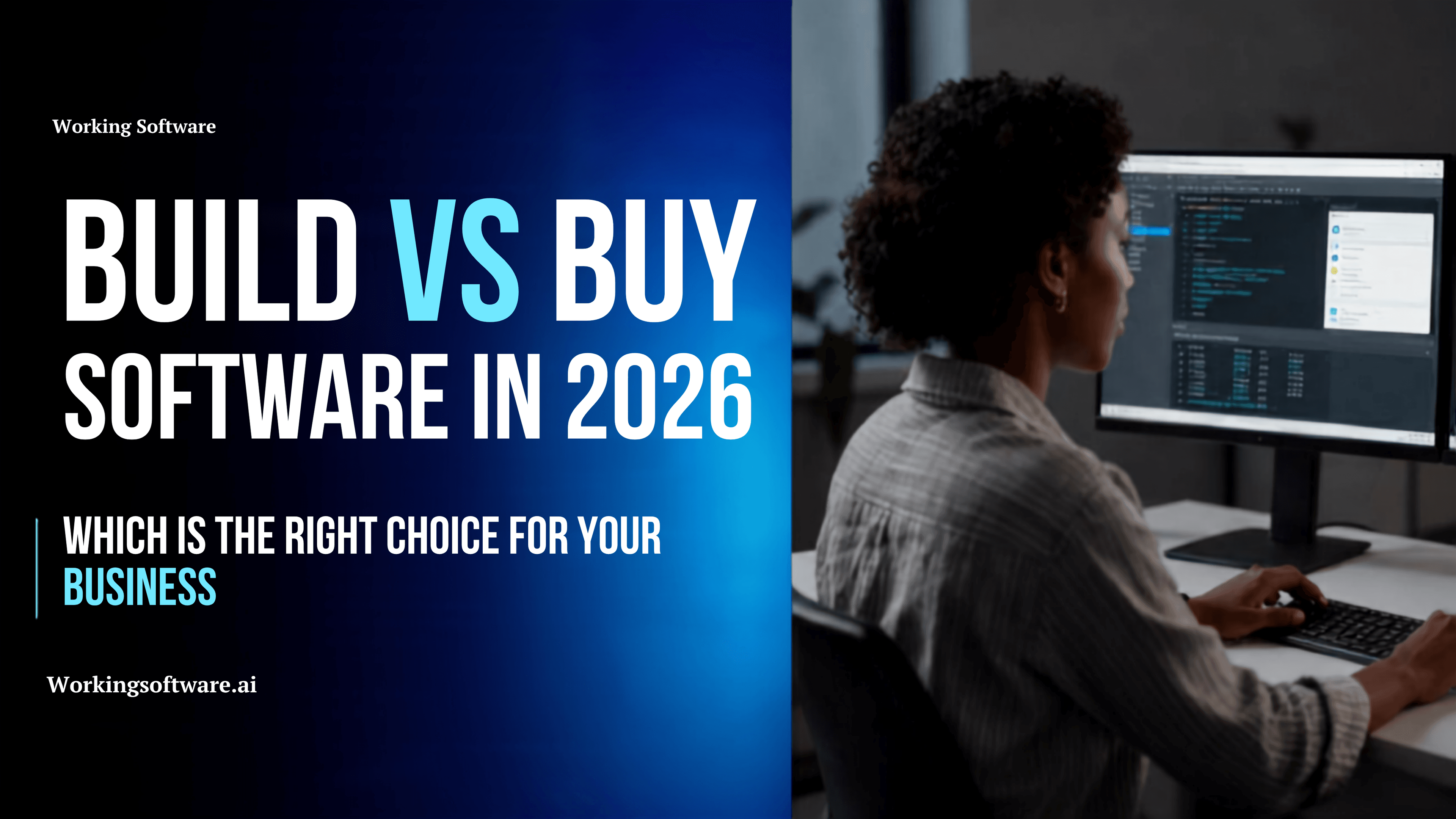 Buy or Build? cover graphic weighing buying software against building custom software