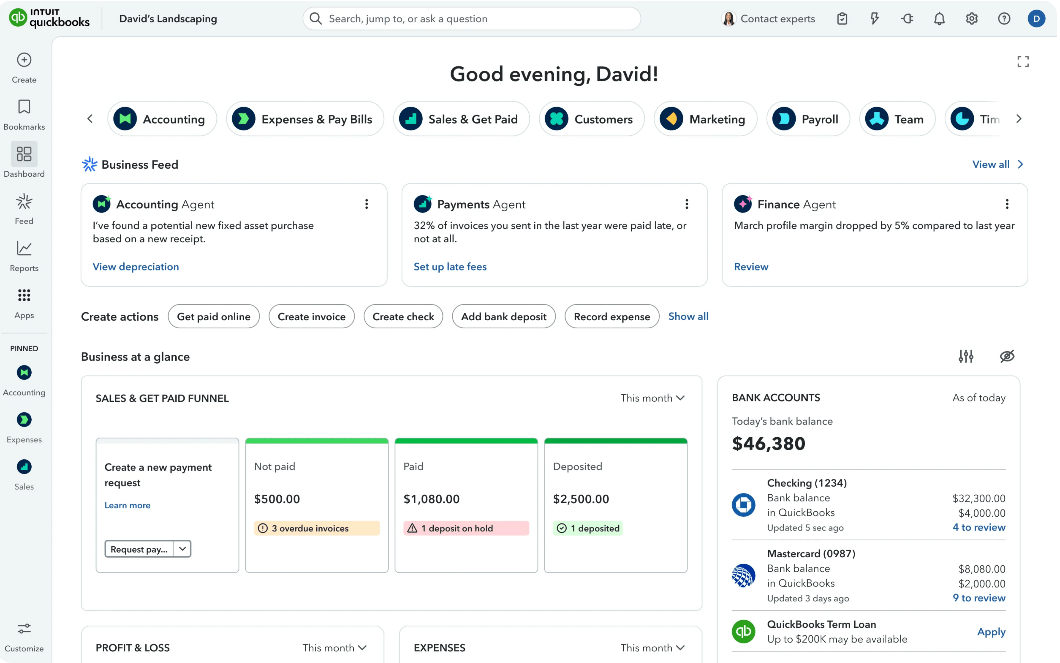 QuickBooks home dashboard showing a Business at a glance panel with profit and loss, expenses, and bank account summaries