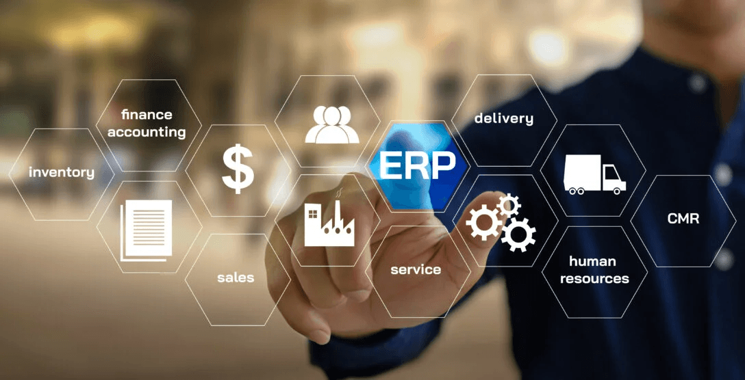 Hexagon diagram of connected business functions — inventory, finance, sales, service, delivery, HR, and CRM — linked through a central ERP hub